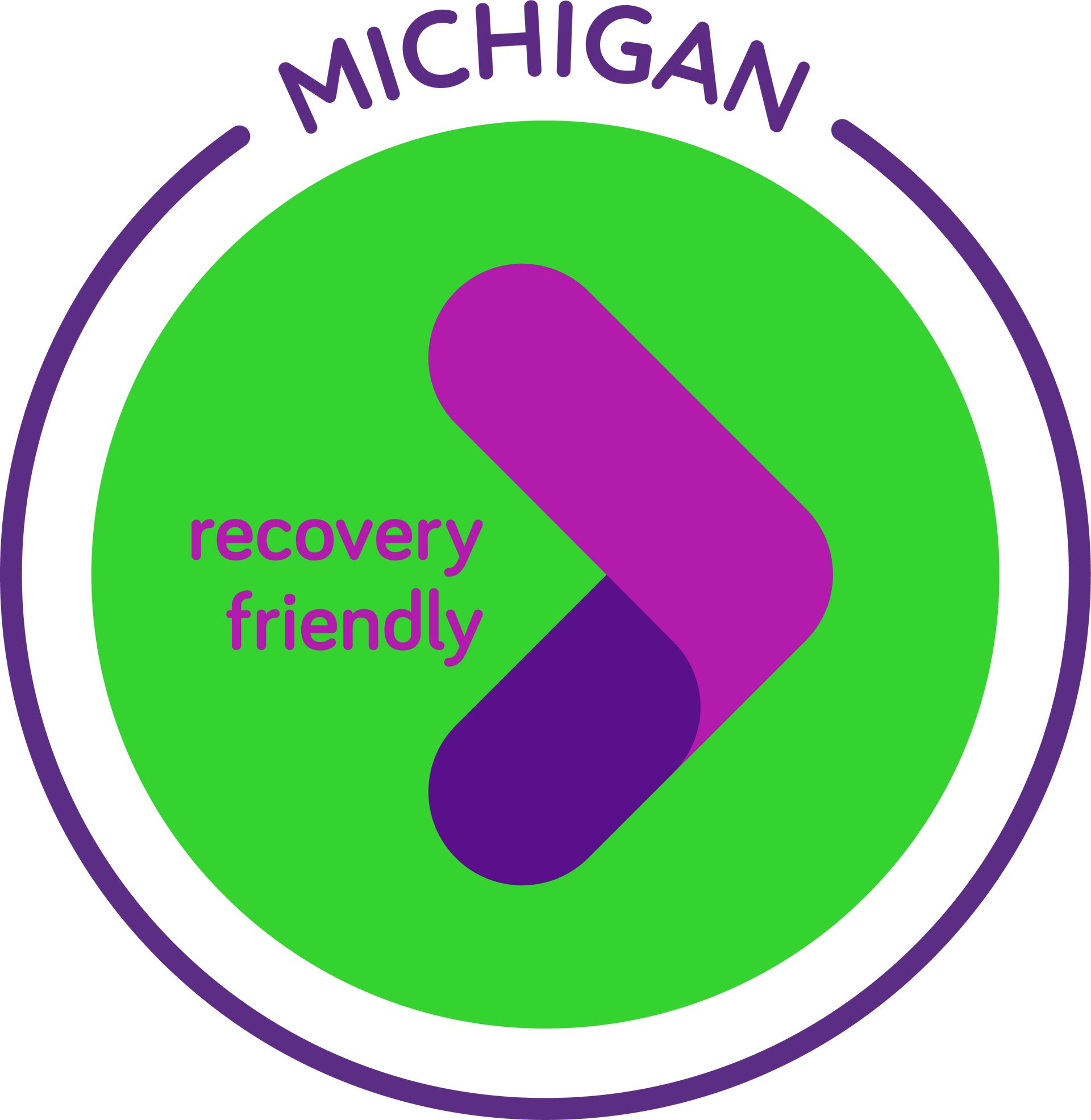 Michigan recovery-friendly logo: green circle with purple arrow and text.
