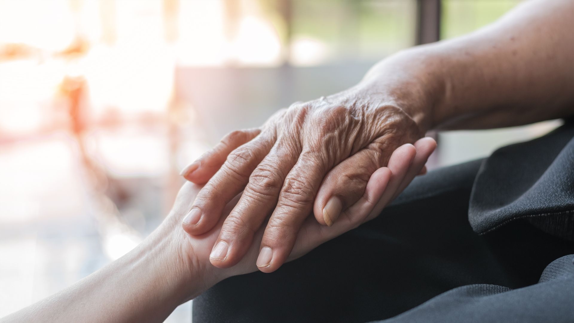 Hands gently clasped in a close-up, showing comfort and support.
