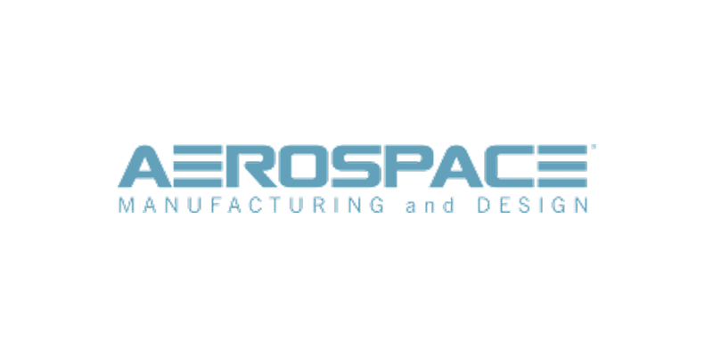 The aerospace manufacturing and design logo is blue and white on a white background.