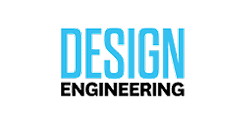 Blue and black “DESIGN ENGINEERING” logo on a white background