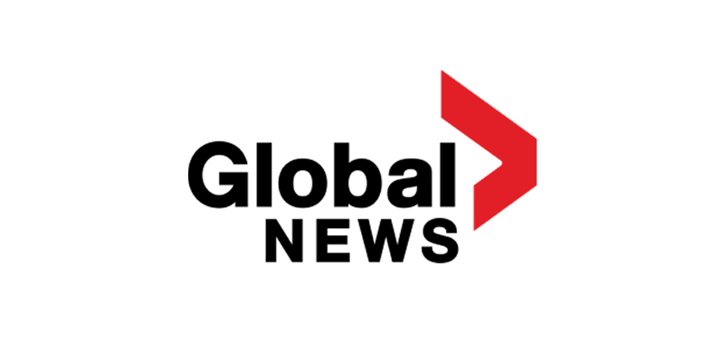 The logo for global news is black and red with a red arrow.