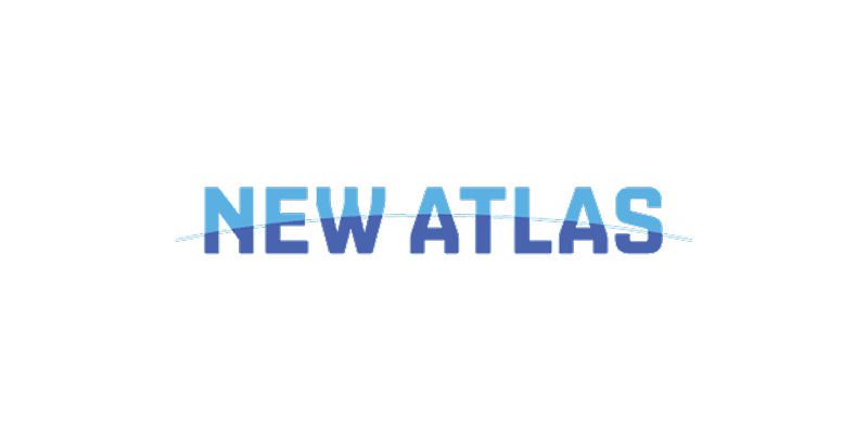 A blue and white logo for new atlas on a white background.