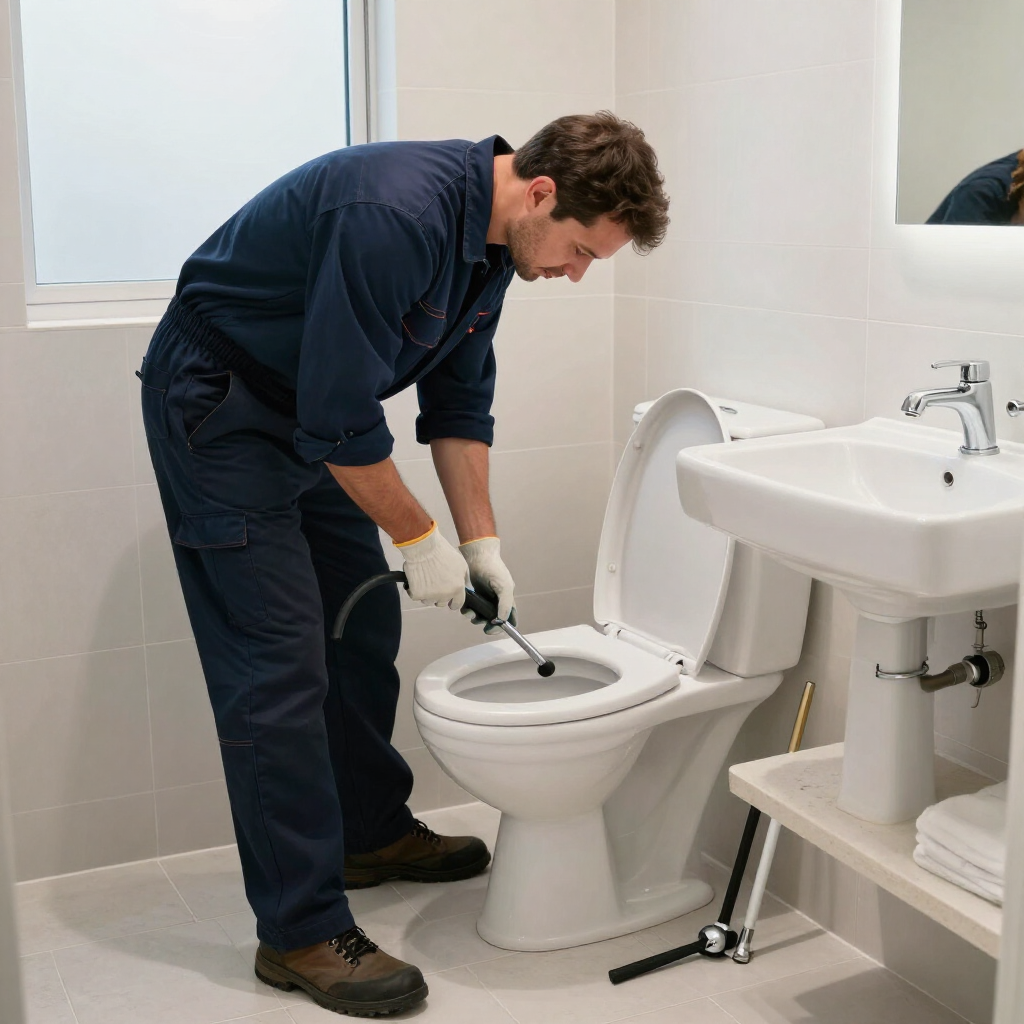 Una persona desatasca un inodoro con un desatascador en un baño blanco.