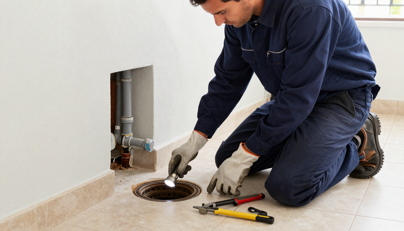 Un trabajador con un mono azul reparando un desagüe del suelo con herramientas en una habitación