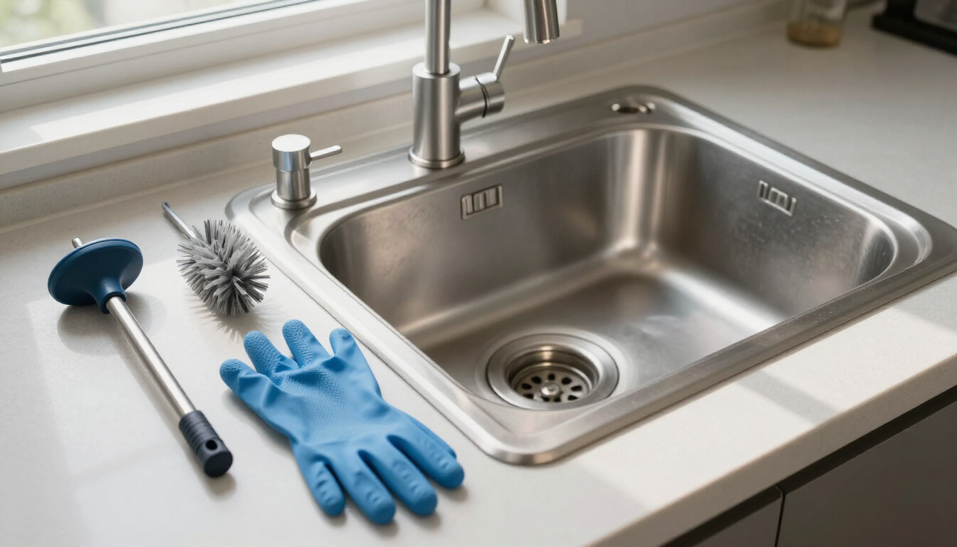 Productos de limpieza junto a un fregadero de acero inoxidable, incluidos guantes azules, una esponja y un cepillo.
