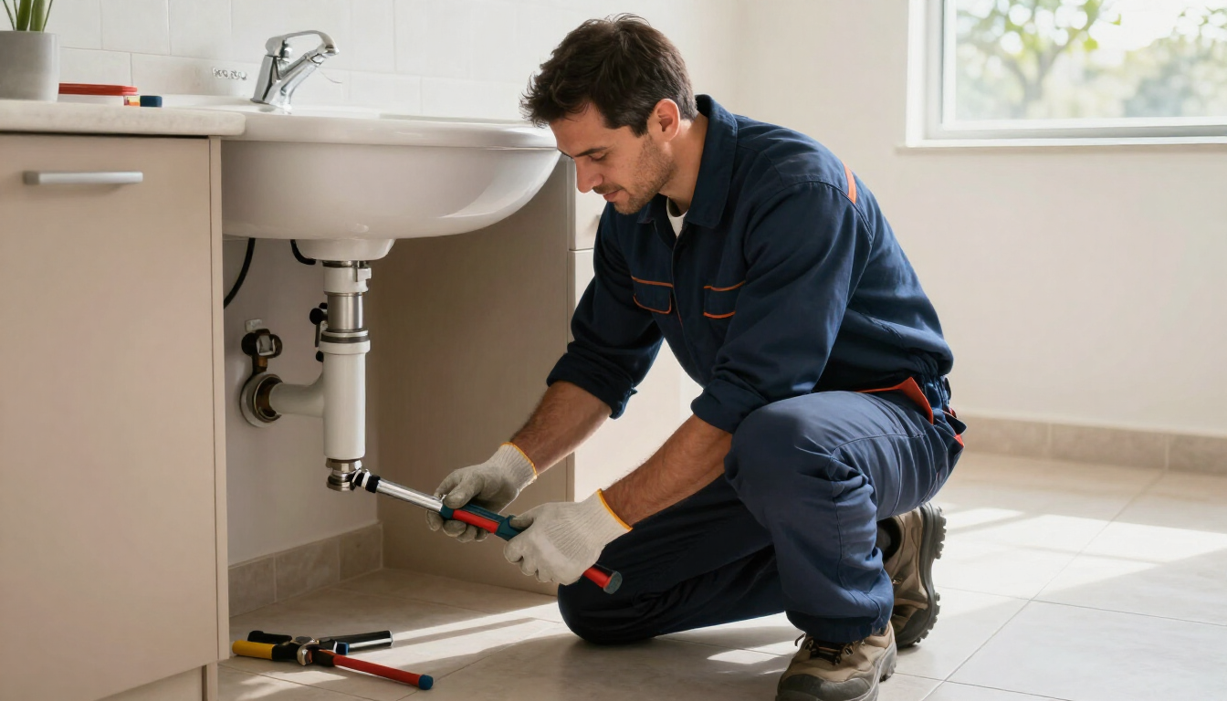 Fontanero reparando las tuberías del lavabo del baño, con herramientas en el suelo