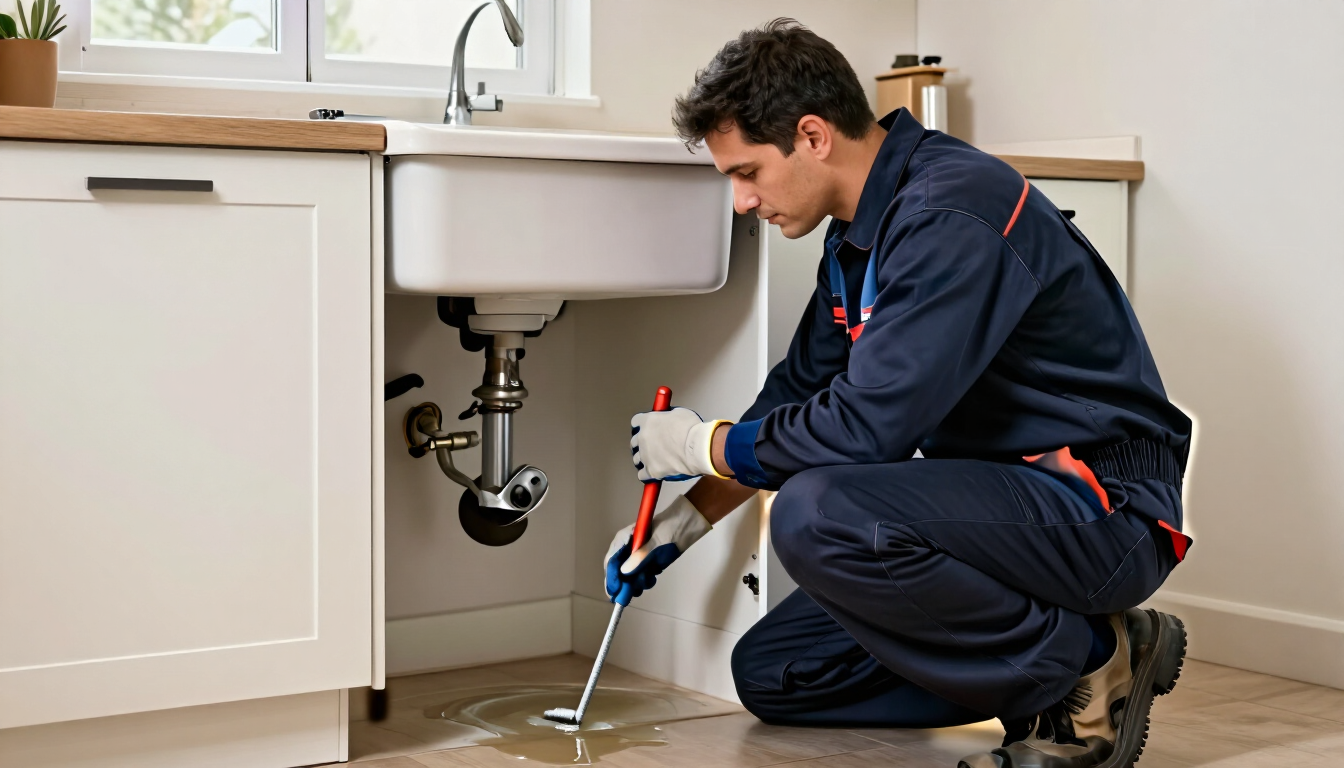 Un fontanero reparando el desagüe de un fregadero bajo un mueble de cocina con una llave inglesa.
