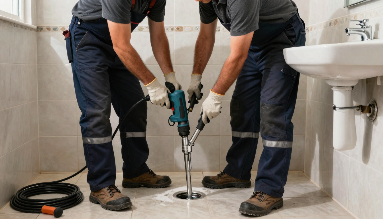 Dos fontaneros usan una serpiente desatascadora para desatascar el desagüe de un baño junto a un lavabo