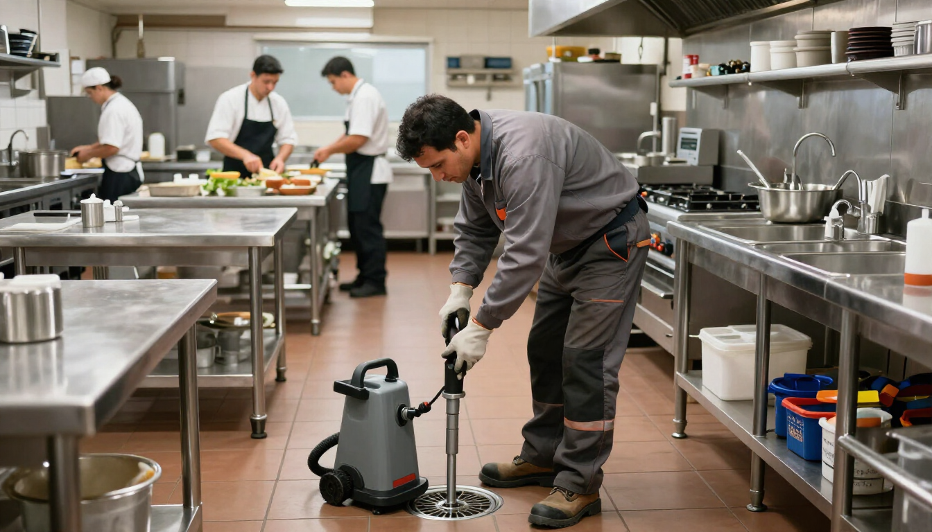 Un chef limpia el suelo de una cocina de acero inoxidable con una fregadora mientras otras personas trabajan al fondo