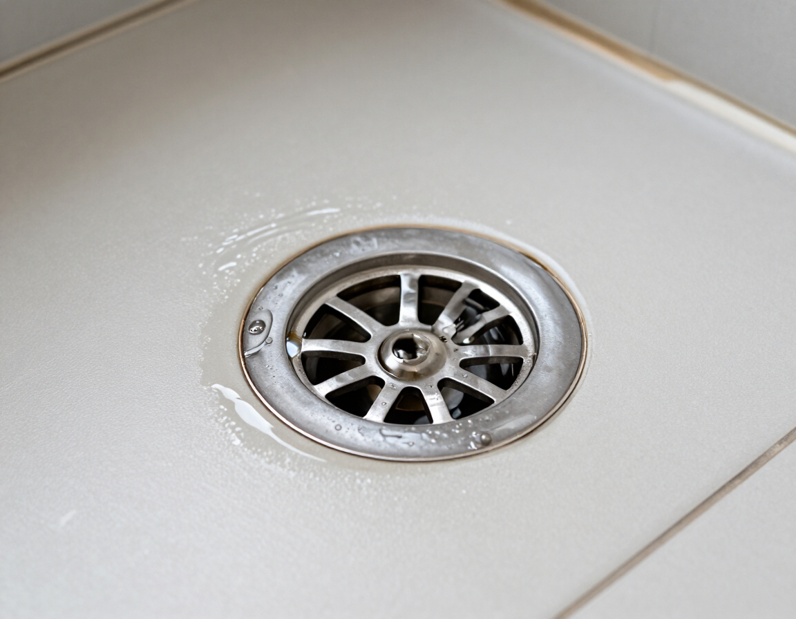 Desagüe de ducha cromado en un suelo de azulejos blancos, con agua visible alrededor