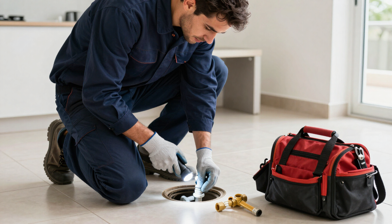 Un trabajador arrodillado en el suelo reparando una tubería, con herramientas y una caja de herramientas roja cerca.