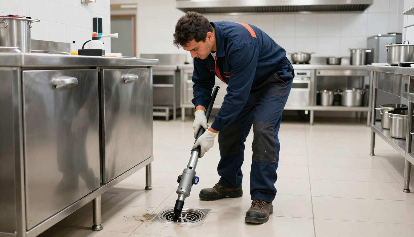Hombre usando una limpiadora de vapor en el suelo de una cocina comercial