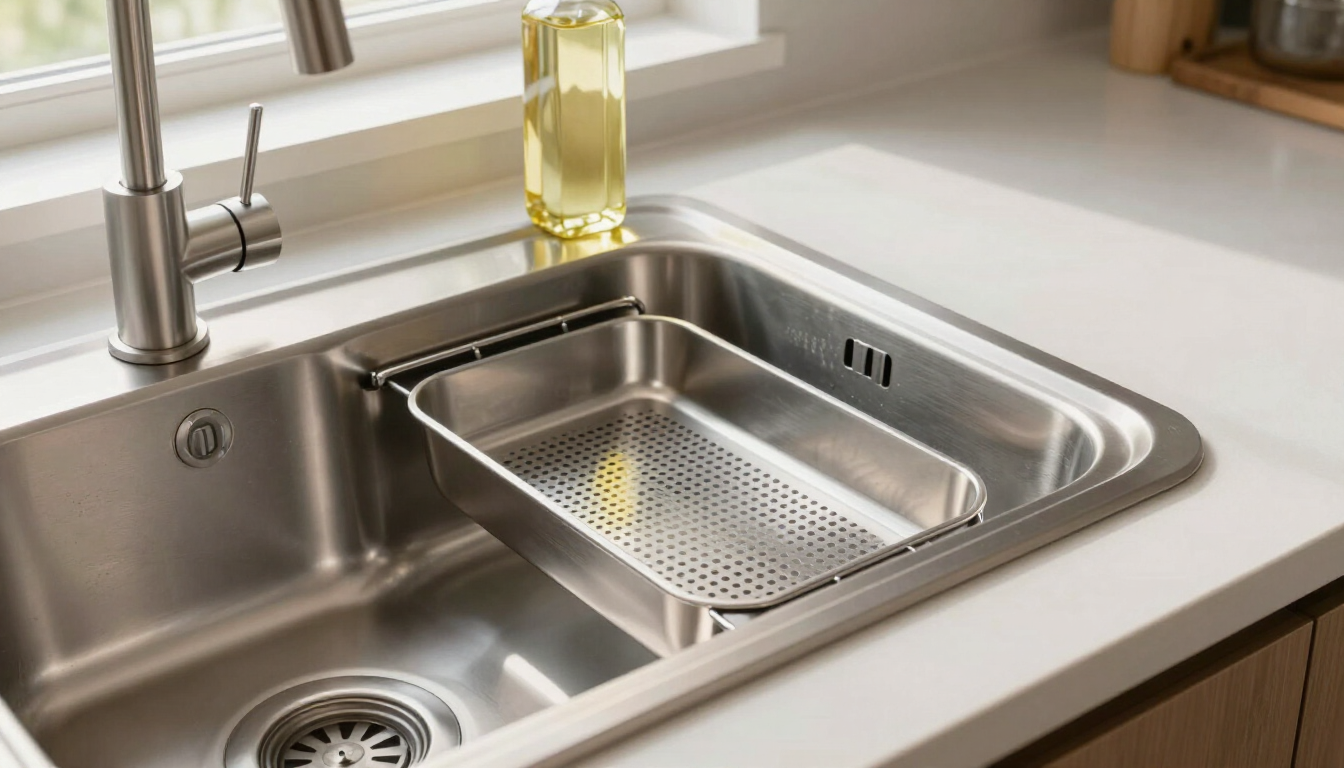 Fregadero de acero inoxidable con escurridor bajo una ventana luminosa.