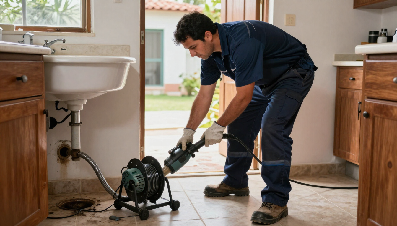 Un fontanero usa una máquina desatascadora para eliminar una obstrucción en el fregadero de una cocina doméstica