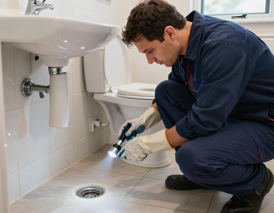 Un fontanero arrodillado junto al desagüe de un baño, usando una llave inglesa para reparar las tuberías debajo de un lavabo.