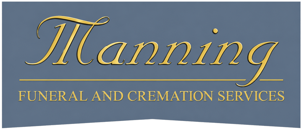 Manning Funeral and Cremation Services logo on a blue-gray background with gold lettering