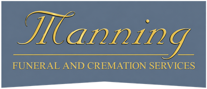 Manning Funeral and Cremation Services logo on a blue-gray background with gold lettering