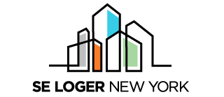 SE LOGER NEW YORK logo with stylized city buildings in black, white, blue, orange, and green