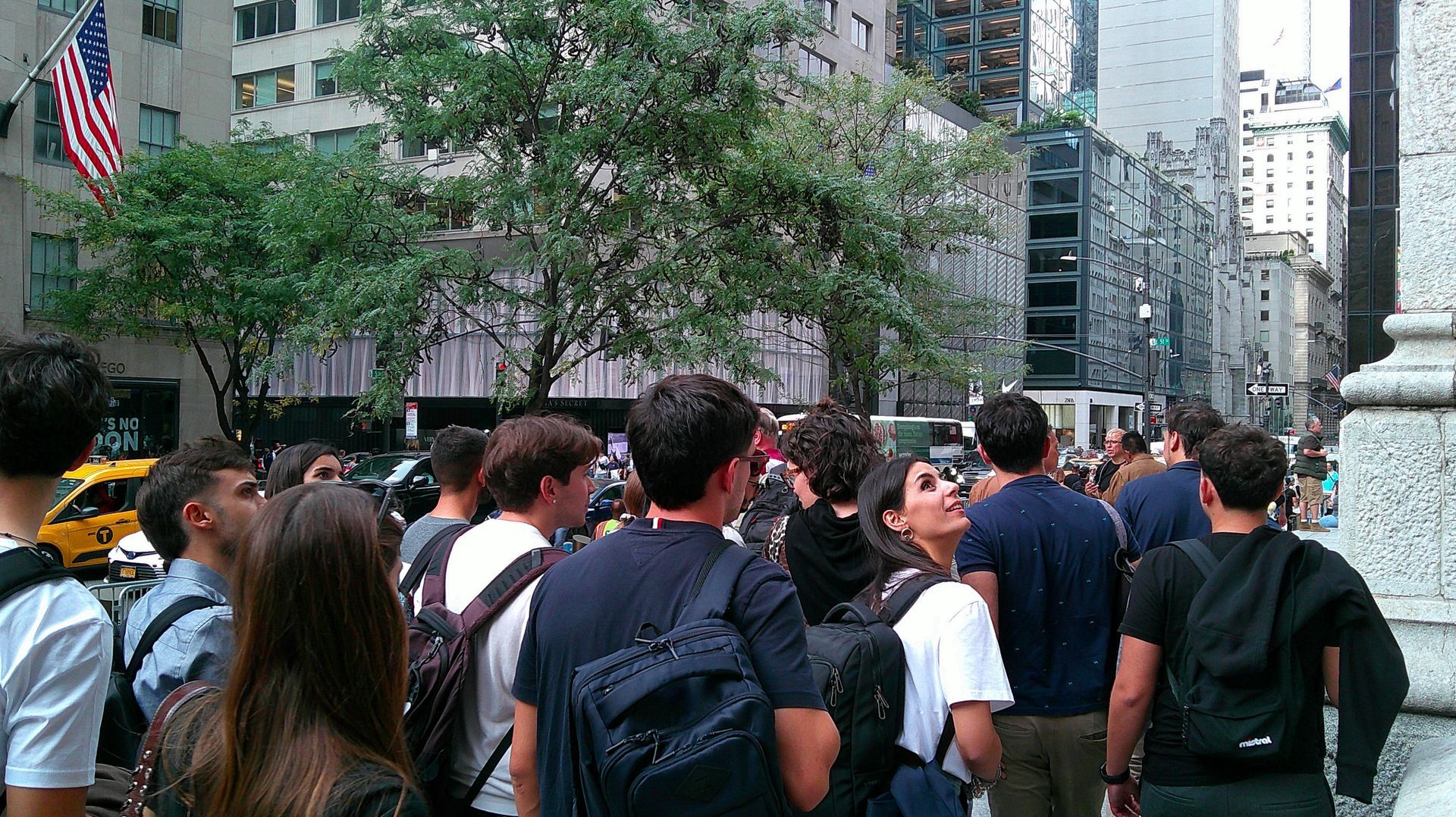 Crowd of people walking in a city street with tall buildings and trees in the background