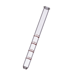 Um desenho de um tubo de vidro com medidas sobre um fundo branco.