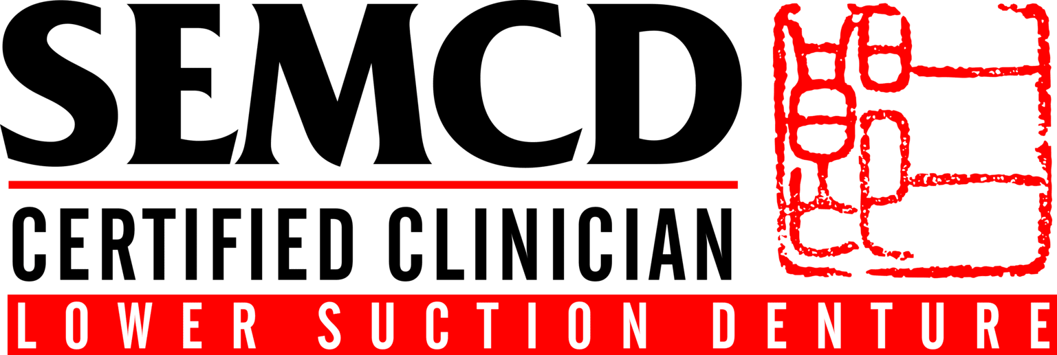 A logo for semcd certified clinician lower suction denture