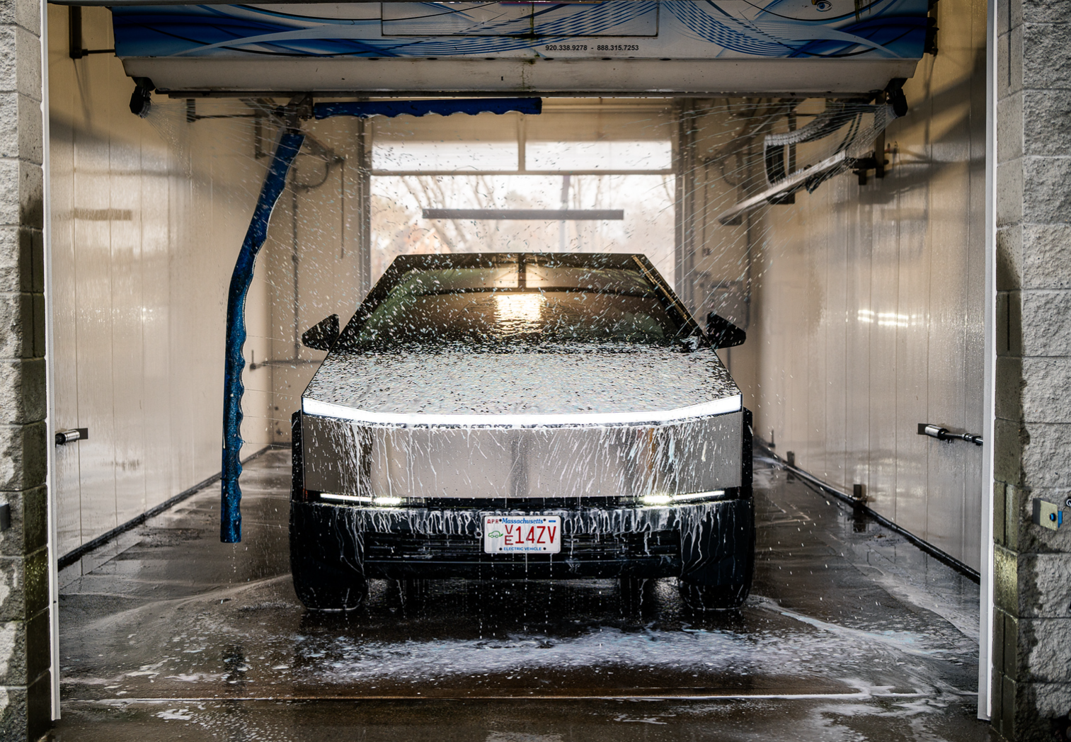 tesla cyber truck at car wash queen in Massachusetts
