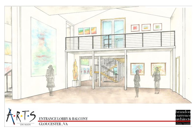 Architectural sketch of a bright art gallery interior with mezzanine, stairs, and framed artwork.