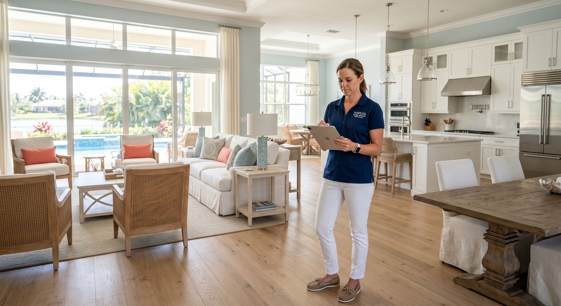Woman holding a tray in a bright, coastal-style living room and kitchen