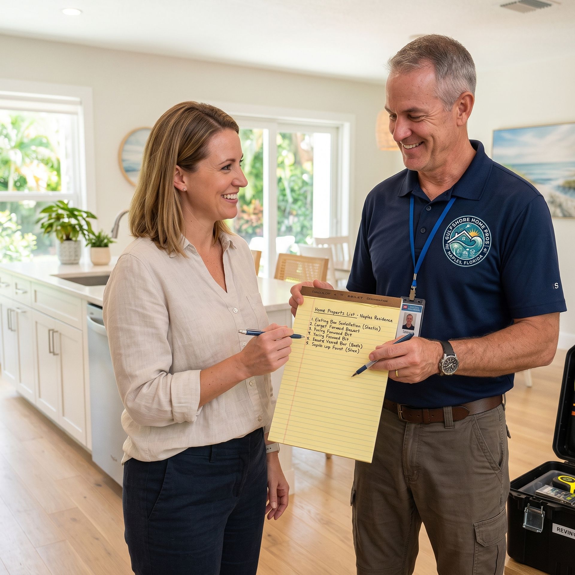 Two people smiling as one hands the other a yellow notepad in a bright kitchen with sunlit windows