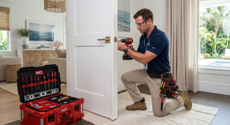 Man kneeling with a drill beside a white door, toolboxes open on the floor in a bright room.
