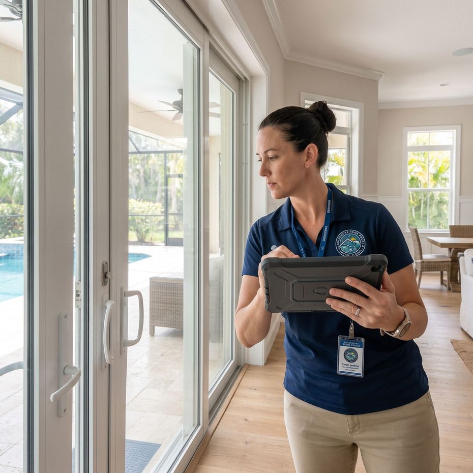 Technician holding a tablet while inspecting a bright room with large glass doors and a pool outside