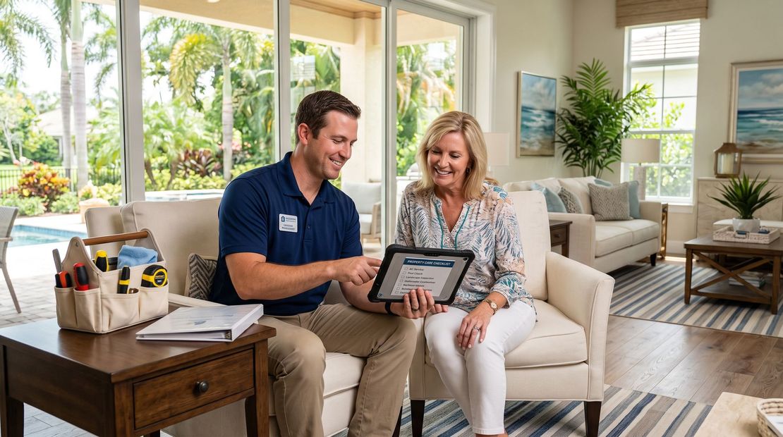 Real estate agent showing a tablet to a smiling client in a bright living room