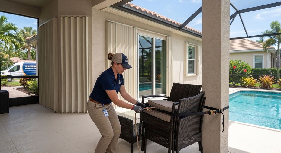 Person moving wicker patio chairs beside a pool on a covered patio.