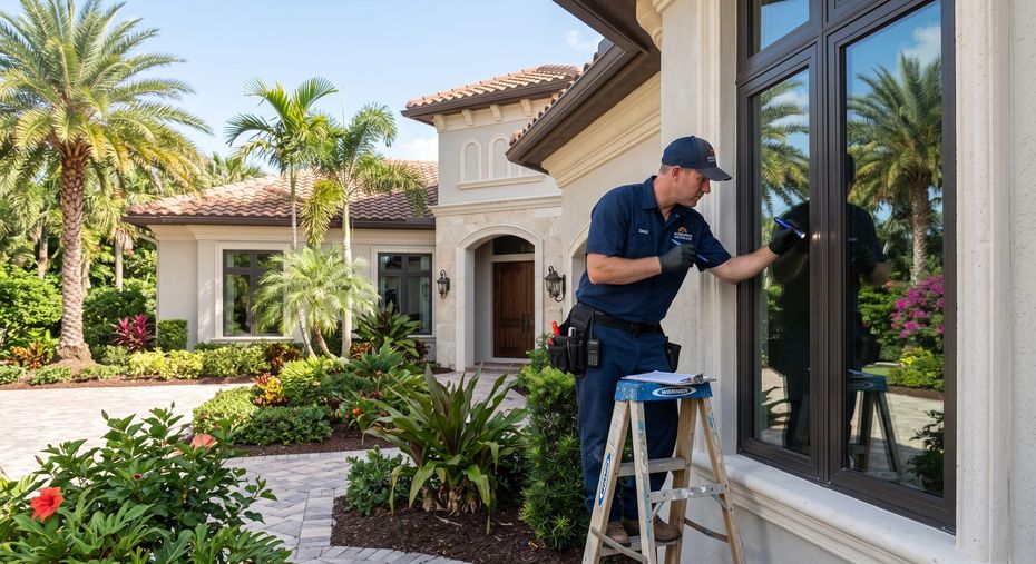 Technician inspecting a house window from a ladder beside a landscaped villa