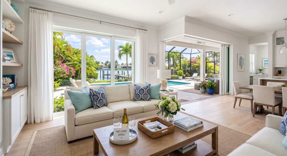 Bright, airy living room with white sofas, wood coffee table, and large windows overlooking a lush garden