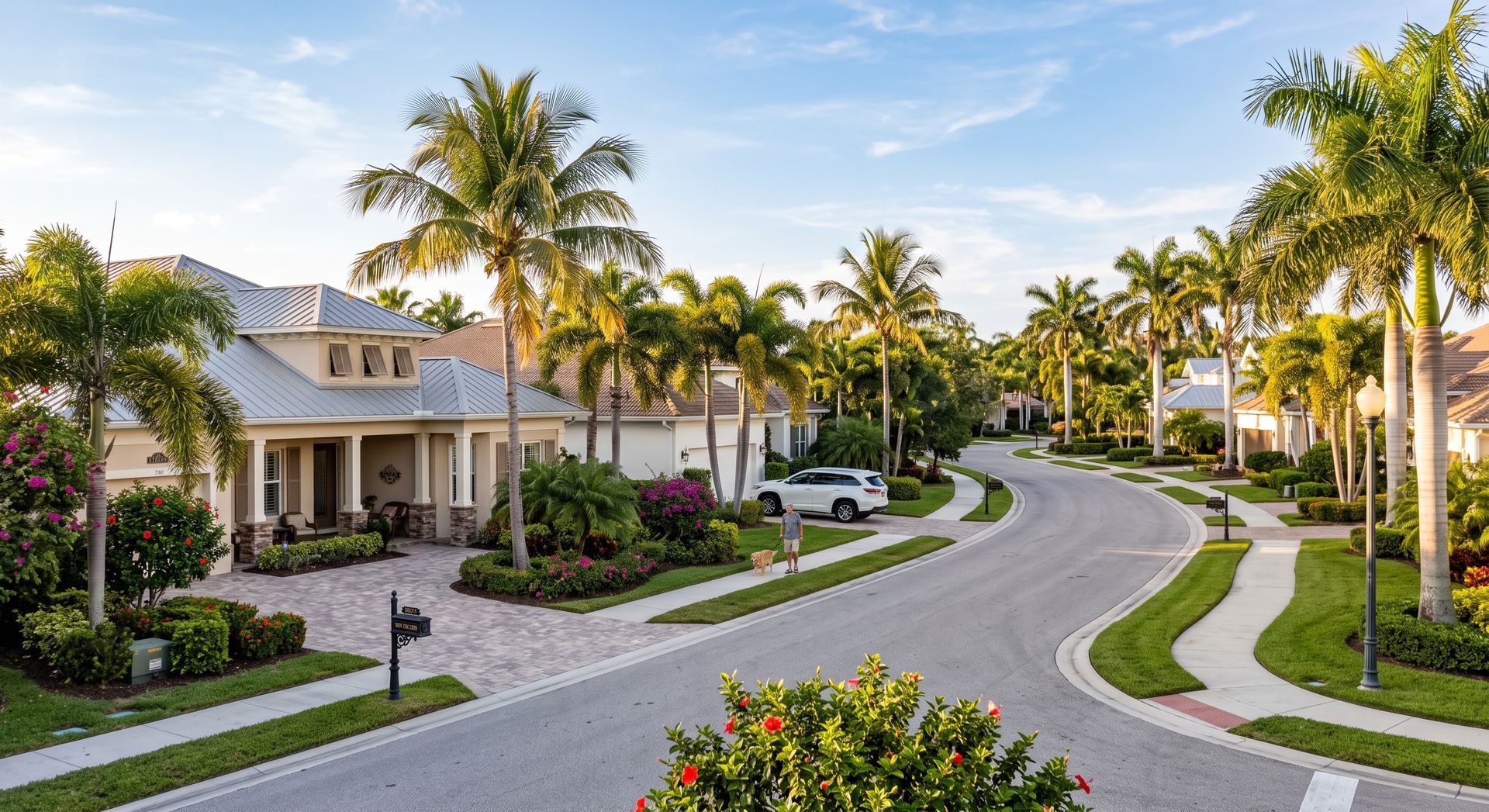 Palm-lined suburban street with upscale homes and curving road at sunset