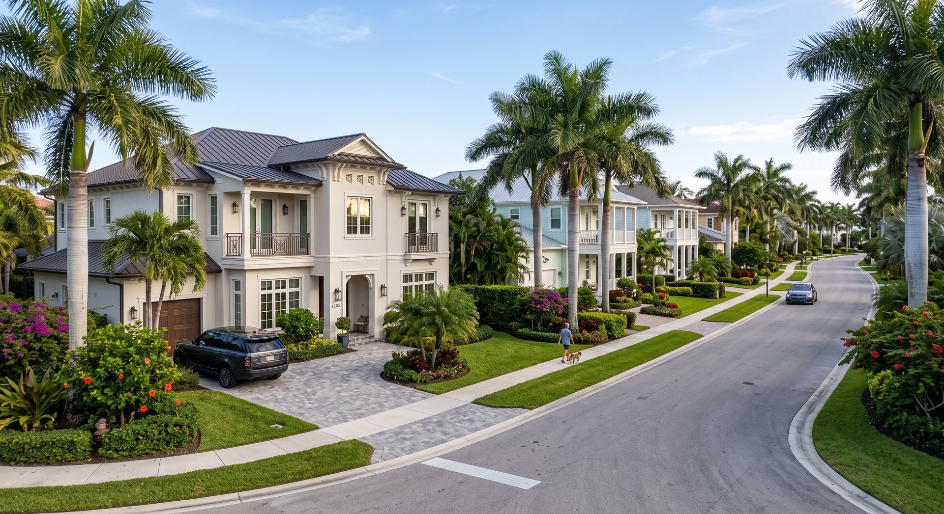 Luxury palm-lined suburban street with white homes, manicured lawns, and parked cars under a clear sky