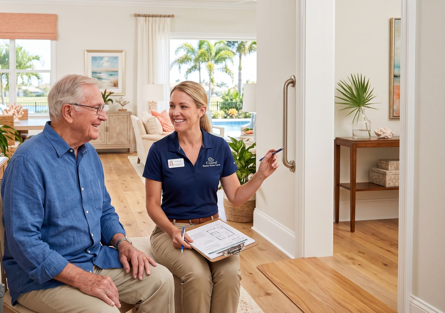 Healthcare worker kneels beside a smiling man in a bright living room, showing him a clipboard.
