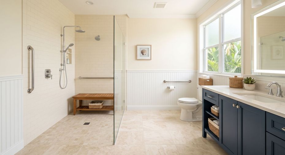 Bright modern bathroom with walk-in shower, double vanity, and large window.