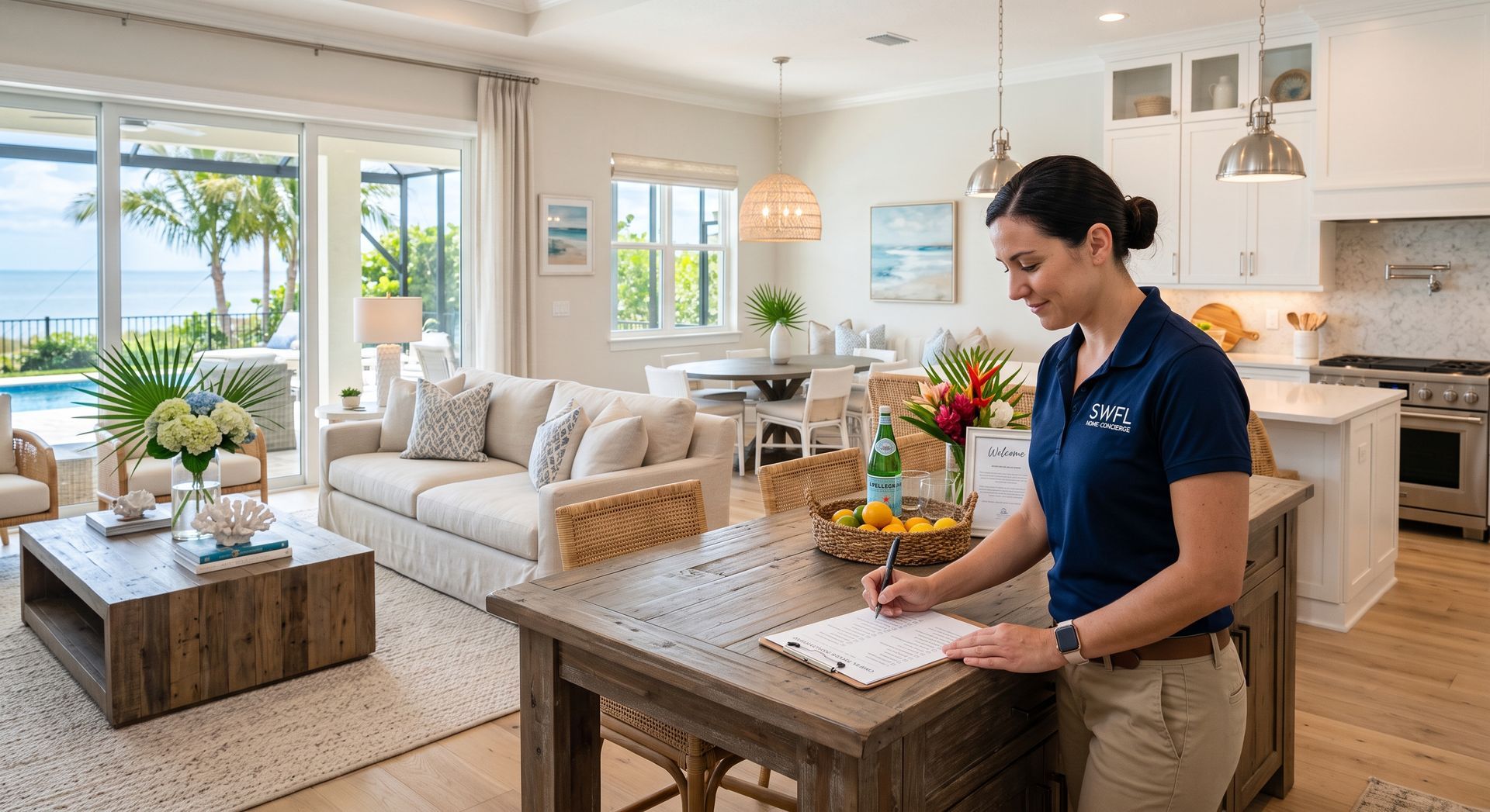 Woman writing on a clipboard at a kitchen island in a bright, modern open-plan living room