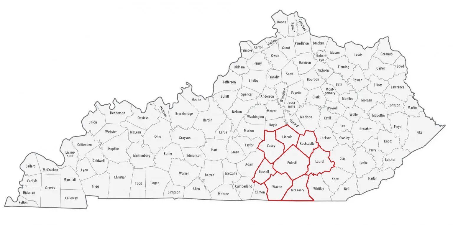 Red highlights around Kentucky's Pulaski, Casey, Lincoln, Rockcastle, Laurel, Russel, Wayne, and McCreary counties, Epperson's service areas