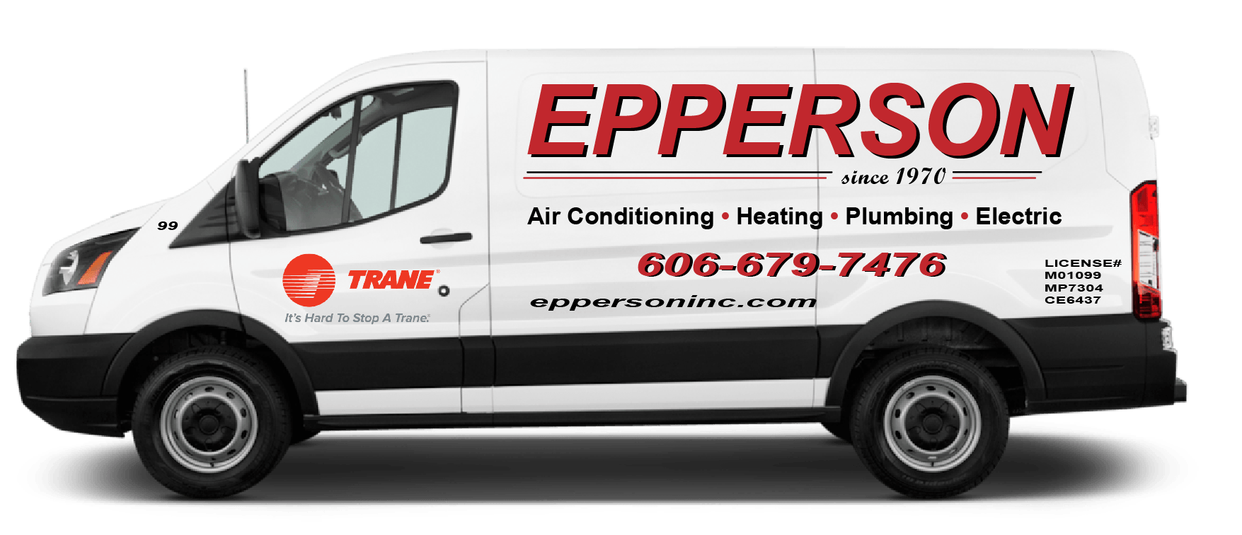 Side profile of the Epperson Inc. work van for their trained HVAC, plumbing, and electrician technicians