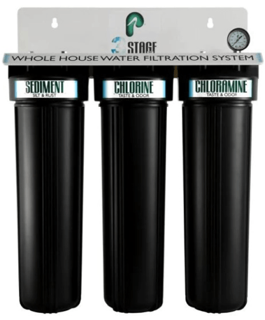Image of a whole-home water filtration system, helping to reduce sediment, chlorine, and chloramines