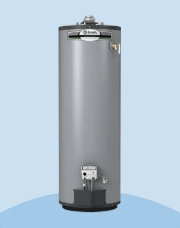 An image of a tank type water heater on a blue background