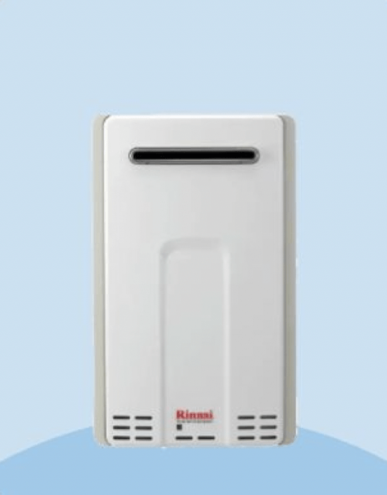 An image of a tankless type water heater on a blue background