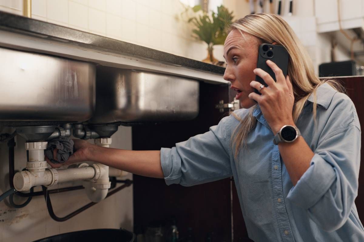 A homeowner calling a plumber while holding a rag under a leaky kitchen sink
