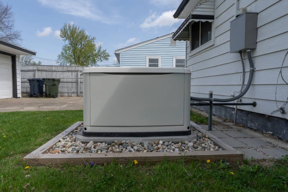 A residential generator attached to a home and kept tidy in a designated area outside