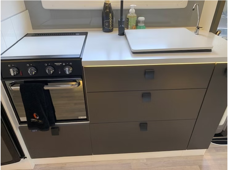 A kitchen with a stove , oven , sink and drawers