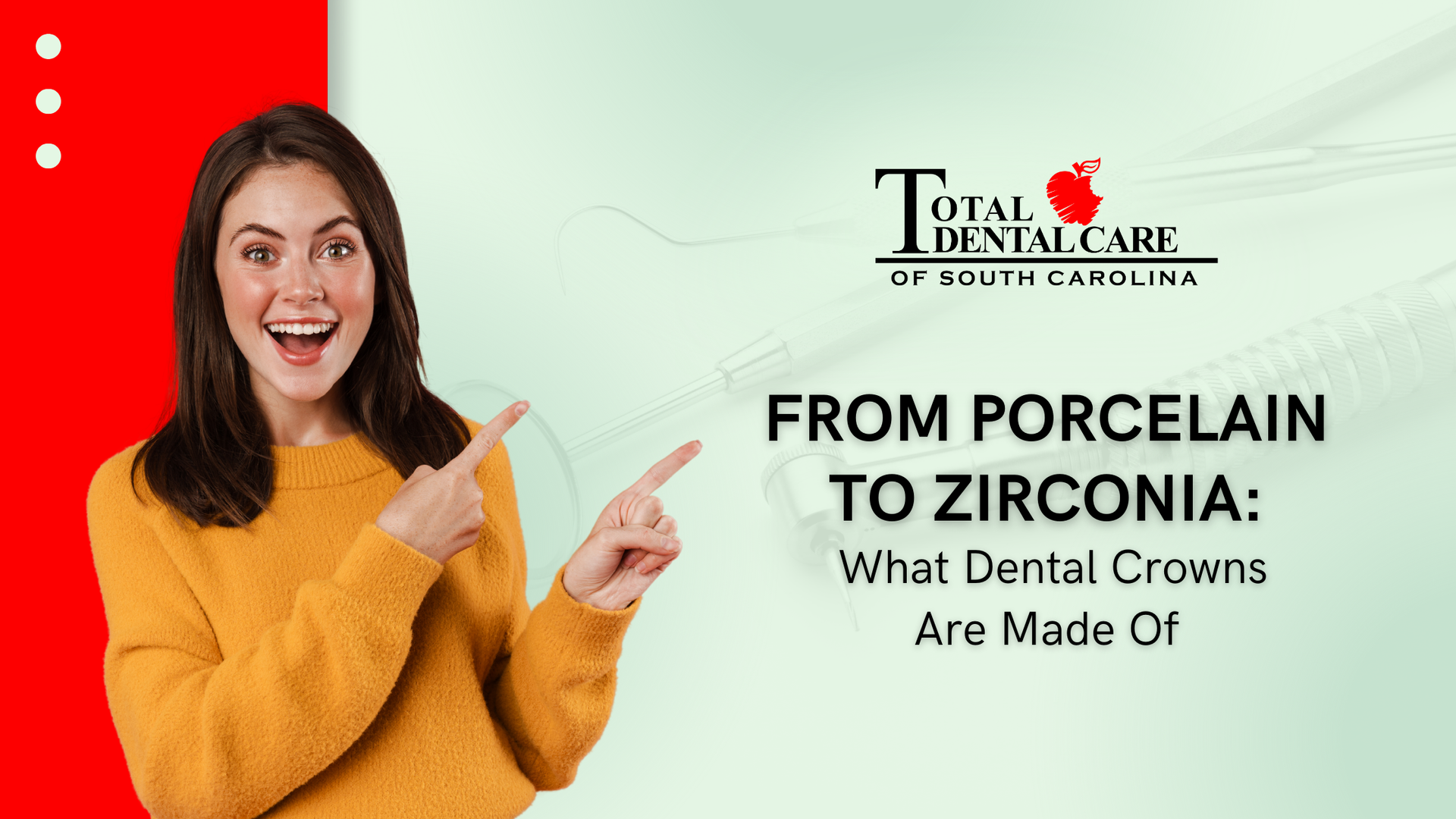Woman pointing at text about dental crowns made of porcelain and zirconia.