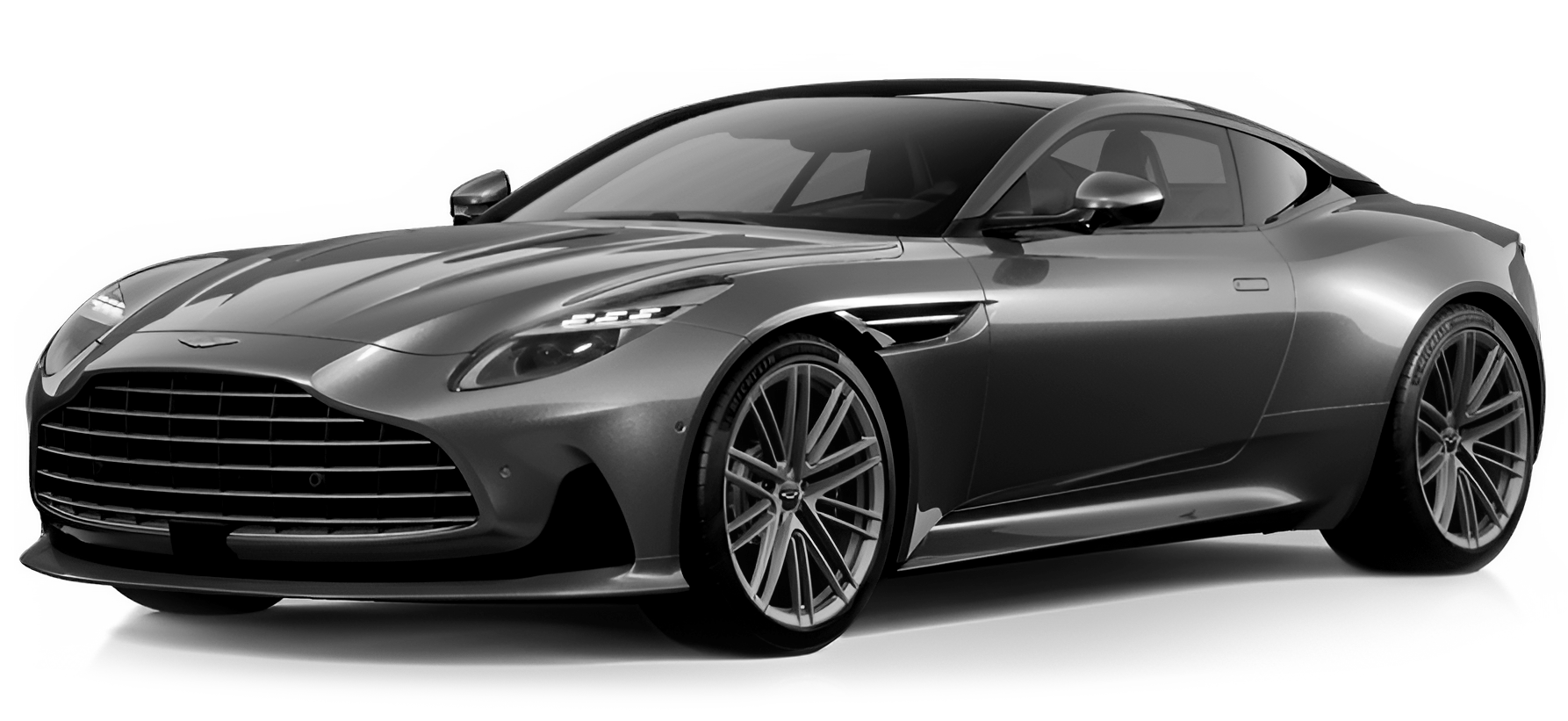 Dark gray sports coupe on a white background, front-left view